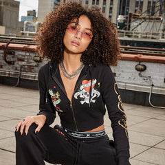 LKS Skull Black Zip Front Cropped Hoodie