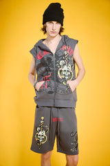 Panther Skull Fleece Cut Off Hoodie