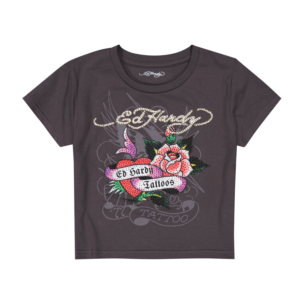 Rose Heart Baby Tee - Charcoal