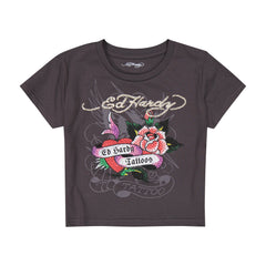 Rose Heart Baby Tee - Charcoal